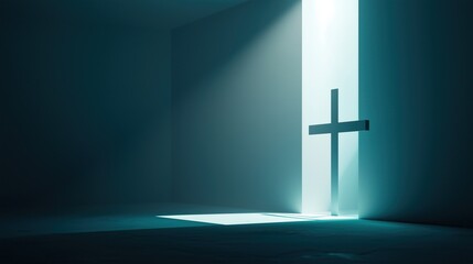 Naklejka premium Religious symbolism illuminated by light emanating through stark doorway in dimly lit space