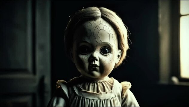 Scary halloween ghost baby doll with big eyes looking straight at the camera in a dark room, horror movie cinematic intro or outro scene with ghost doll generative AI