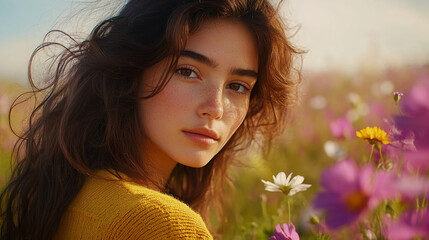 Naklejka premium A close-up portrait of a young woman with long brown hair and freckles, wearing a yellow sweater, surrounded by colorful flowers, symbolizing youth, nature, and beauty.