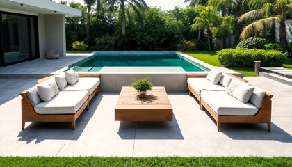 Obraz premium A serene outdoor space featuring a wooden couch and coffee table situated near an inground pool.