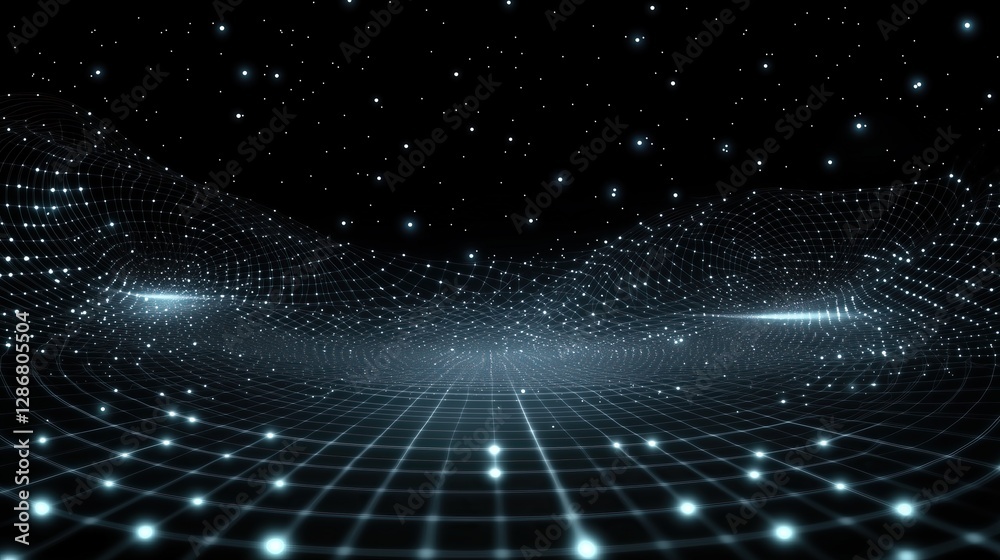 Poster Abstract grid landscape with glowing nodes and stars suggesting digital world futuristic network