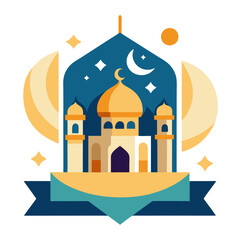 Ramadan Kareem banner, poster, greeting card, cover design with mosque, crescent moon, stars and typography in flat geometric style. vector illustation