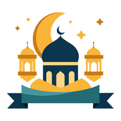 Ramadan Kareem banner, poster, greeting card, cover design with mosque, crescent moon, stars and typography in flat geometric style. vector illustation