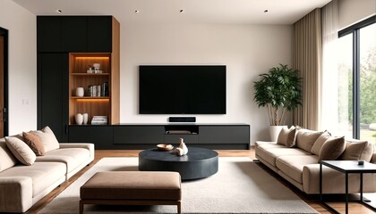 A modern living room with white walls and light-colored wood floors.