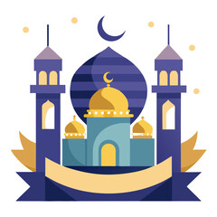 Ramadan Kareem banner, poster, greeting card, cover design with mosque, crescent moon, stars and typography in flat geometric style. vector illustation