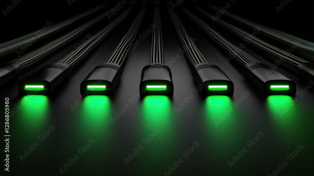 Aufkleber Illuminated array of sleek black cables with vibrant green light emanating from each connector on dark surface