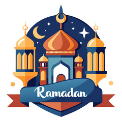 Ramadan Kareem banner, poster, greeting card, cover design with mosque, crescent moon, stars and typography in flat geometric style. vector illustation