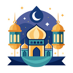 Ramadan Kareem banner, poster, greeting card, cover design with mosque, crescent moon, stars and typography in flat geometric style. vector illustation
