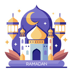 Ramadan Kareem banner, poster, greeting card, cover design with mosque, crescent moon, stars and typography in flat geometric style. vector illustation