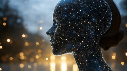 A portrait of a womans head with digital connections