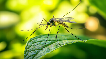 Macro Shot of a Mosquito on a Leaf in a Green Natural Environment