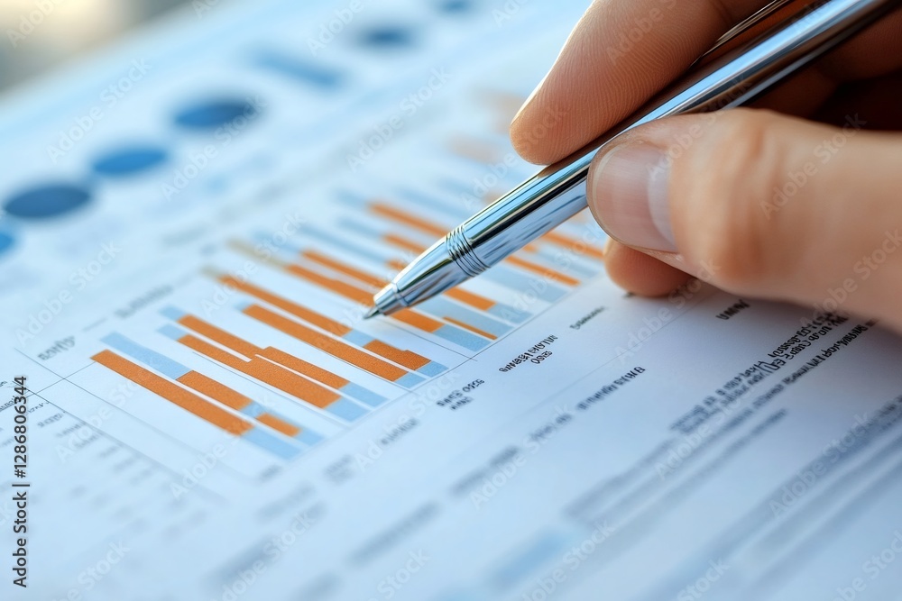 Poster businessman analyzing financial charts and graphs using pen