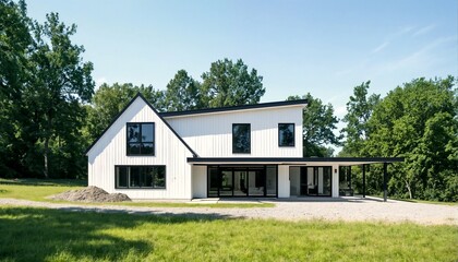 A modern white house with black trim and windows sits on a grassy field surrounded by trees.