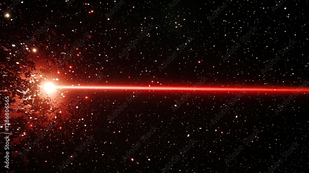 Poster vivid red laser beam pierces through dark expanse of space illuminating distant stars science fictio