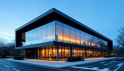 Obraz premium A modern commercial building with floor-to-ceiling windows and black facade.