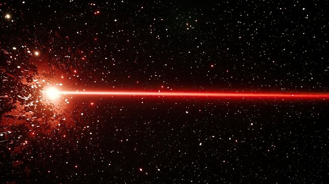 Vivid red laser beam pierces through dark expanse of space illuminating distant stars Science Fiction concept