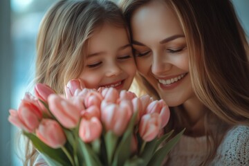 Happy mother and daughter smelling pink tulips bouquet for mother's day