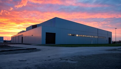 Obraz premium The image shows a large industrial building with a flat roof and a long driveway leading up to it, set against a backdrop of a pink and orange sky at sunset.