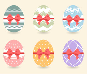 Six cute Easter eggs with a red ribbon in vector style