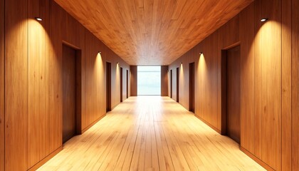 Fototapeta premium A long hallway with wood paneling and recessed lighting, illuminated by natural light at the end.