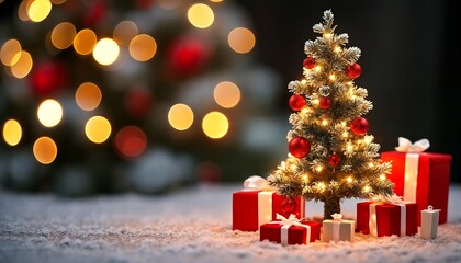 christmas tree with red ornaments and presents under it.