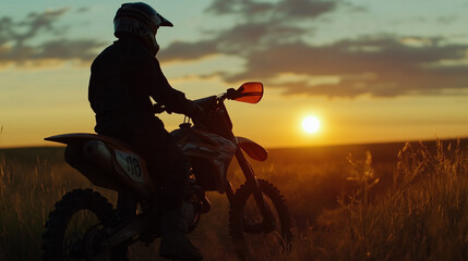 Fototapeta premium Dirt Bike Rider Silhouetted Against the Setting Sun