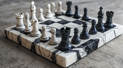 A 3D rendering of chess pieces in their starting position, isolated on a transparent background, is depicted on a board