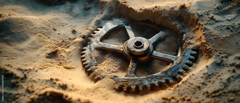 Wall mural A rusted gear partially buried in sand tells a tale of time and forgotten mechanics, a relic of industrial past amidst a desert expanse.