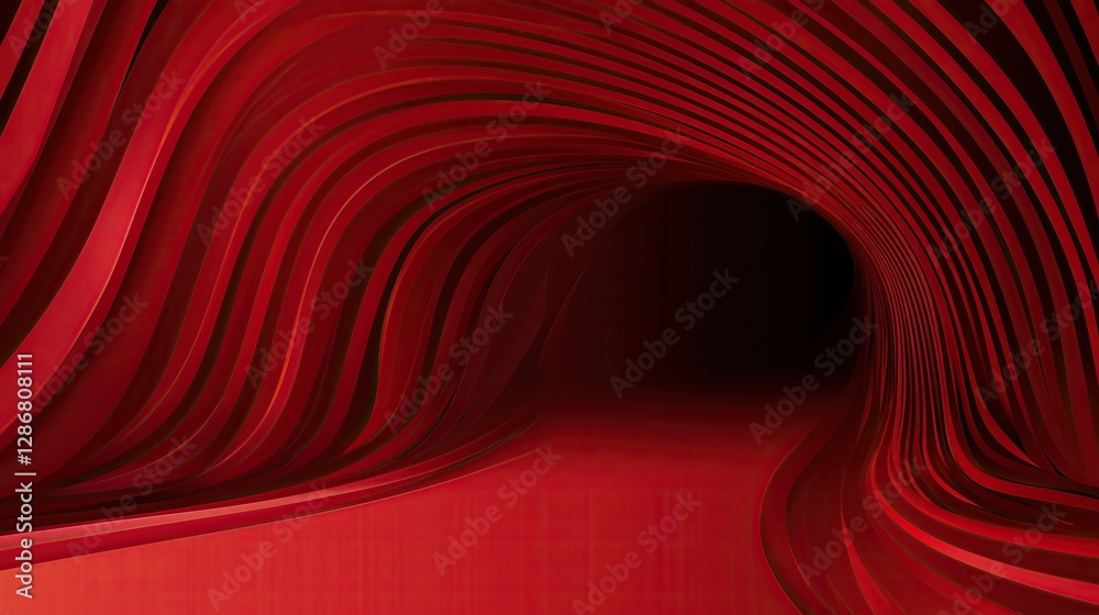 Poster Crimson tunnel of parallel curves path into darkness illuminated by light departure