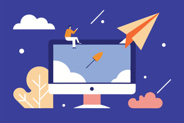 Fototapeta premium Minimalist illustration, computer monitor, fishing rod, paper airplane, abstract clouds, geometric shapes, vibrant colors, blue background, vector art style, flat design, creative concept, 