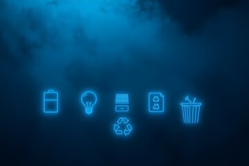 Neon art illustration sustainable living with glowing recycling and eco-friendly symbols. Ideal for promoting green energy, zero-waste lifestyle, renewable resources, environmental awareness