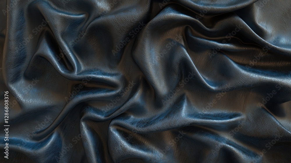 Poster luxurious blue tinted black textile material with shiny surface arranged with soft rippling folds