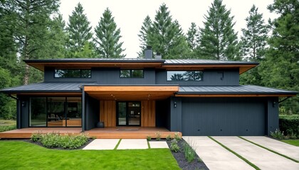Modern house with dark gray walls and wood accents in front of tall trees.