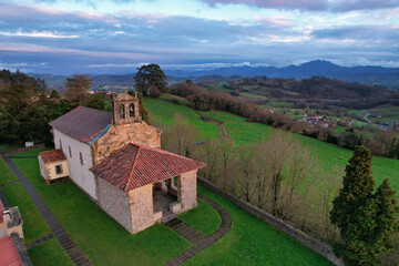 Aerial view of Santa Maria de Narzana romanic church, XII century, Way to Saint James, Sariego, Asturias, Spain