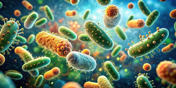 Microscopic view of bacterial cells engulfing and digesting small food particles in a nutrient-rich environment, microbiology, microorganism