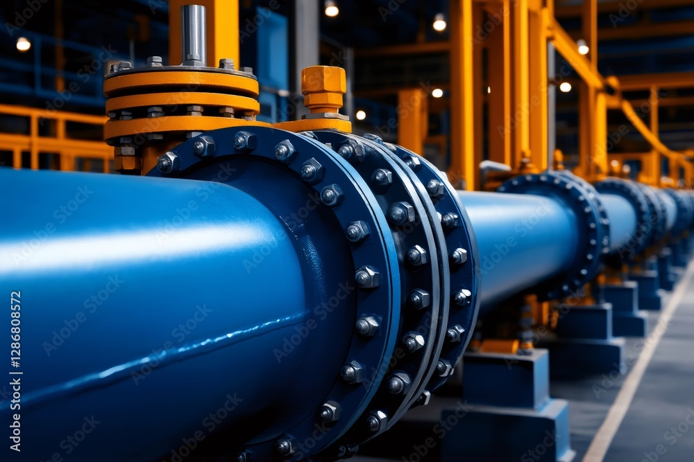 Poster large industrial pipes connecting in a factory setting