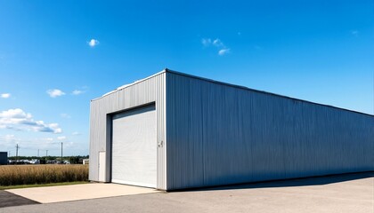 Obraz premium A large white metal building with a garage door and an empty field under a blue sky.