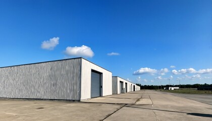 Fototapeta premium a large white building with a garage door and a long concrete driveway.
