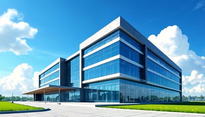 Obraz premium an illustration of a modern office building with large windows and a flat roof, situated in an open landscape.