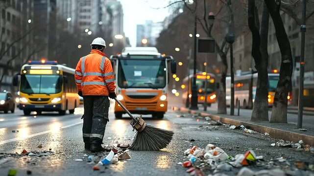 Urban street sweeper cleaning debris on a busy city road