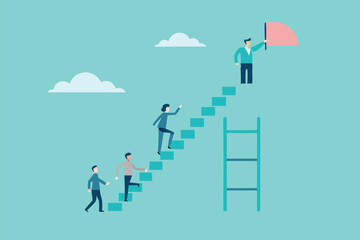 Obraz premium minimalist illustration, business teamwork, ascending staircase, ladder to success, flag at the top, blue background, white clouds, people climbing stairs, leadership concept, geometric shapes,
