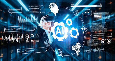 Businessman with headset standing at data center while using AI assistance. Project manager pointing hologram and using augmented reality goggles and AI chat for planning marketing plan. Ingenuity.