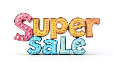 3D text "Super Sale" on white background, colorful, cute, vintage tent lights style, cartoon, bright color palette, shiny look of plastic toy, clipart, isolated on plain solid white background