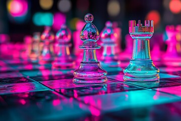 Neon pieces come alive in a futuristic chess game on a sleek board, brought to life by the capabilities of generative AI