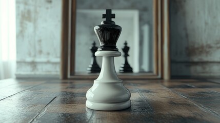 A minimalist arrangement showcases a 3D render of a chess game, with a black pawn piece standing in front of a round mirror that reflects a white Queen, embodying the metaphor of contradiction and