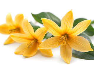 Ylang-ylang flowers. Fresh Yellow Canistel Fruit With Green Leaves Displayed on a White Surface, Highlighting Its Unique Shape and Texture