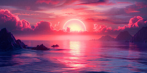 Retro landscape illustration in neon colors,suitable for the cover
