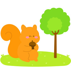 cute squirrel holding an acorn under a tree, woodland animal flat vector illustration