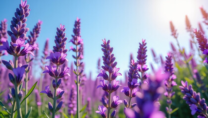 Vibrant lavender flowers in a field under clear blue sky with sunlight and soft bokeh effect