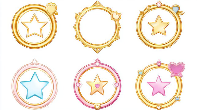 Glossy circle ranking frames with stars for user avatar in game interface. Game ui elements, empty round frames with gold border, heart, ribbon and flowers, vector cartoon set